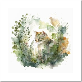 Watercolor Cat in Garden Posters and Art